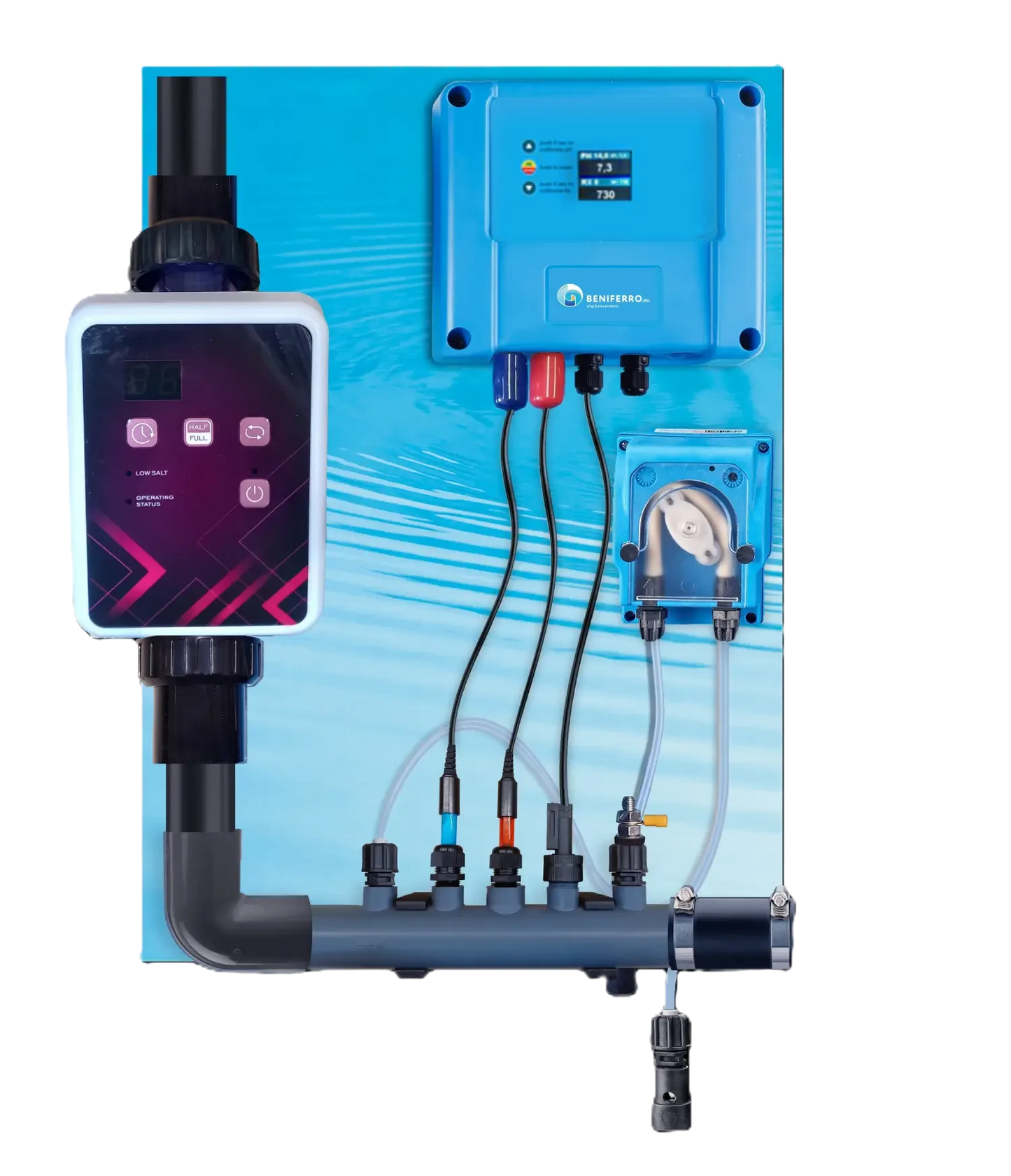 Vormontierte SR-Salzelektrolyse mit pH-, RX- und Durchflussregelung – Pools bis 150m³ – WLAN | Schirm – optionale Füllstandsregelung