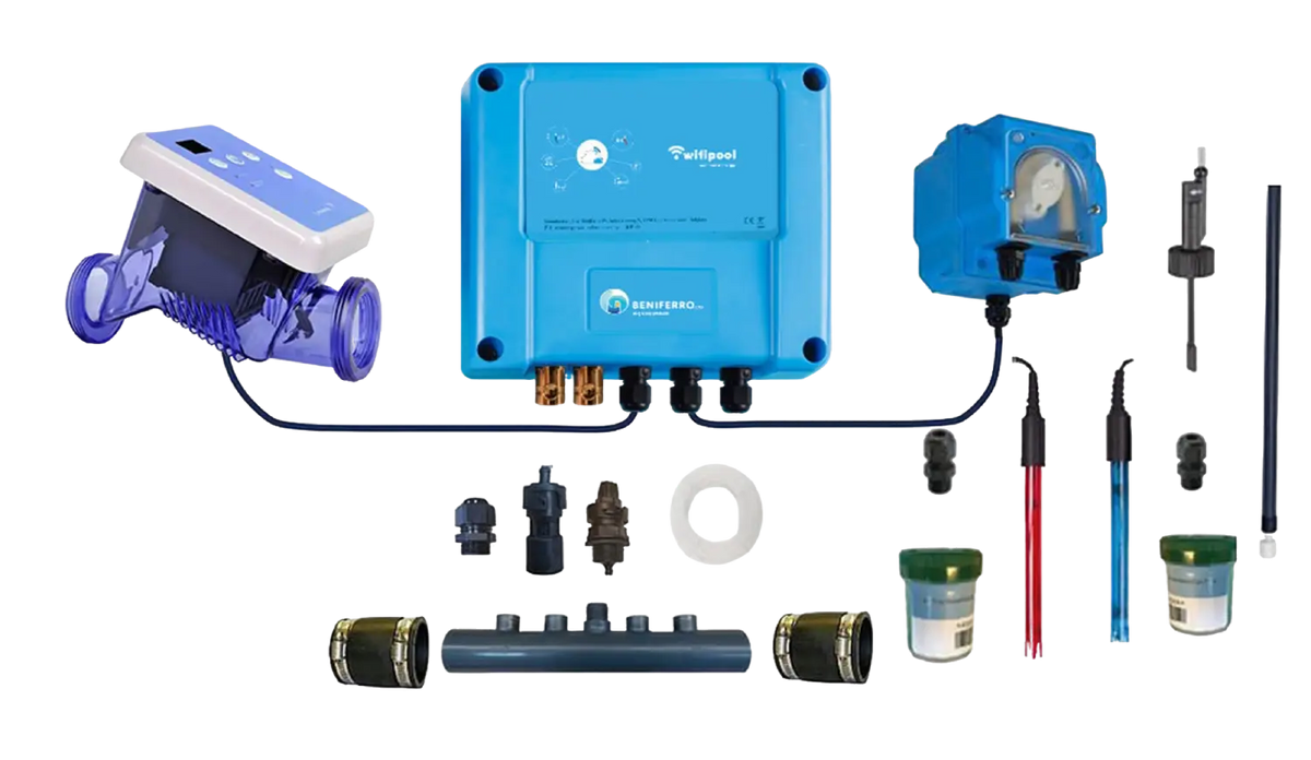 SR Salzelektrolyse-Selbstbausatz mit pH-, RX-regelung  – Becken bis 150m³ – WLAN | Bildschirm –  Flow-Regelung/Füllstand optionale