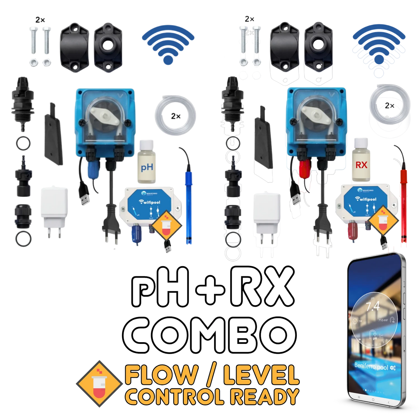 WiFiPOOL UNO pH + Redox(ORP) Dosierpumpen Gen-1 - Komplett-Installationskit - Pool bis 150m³