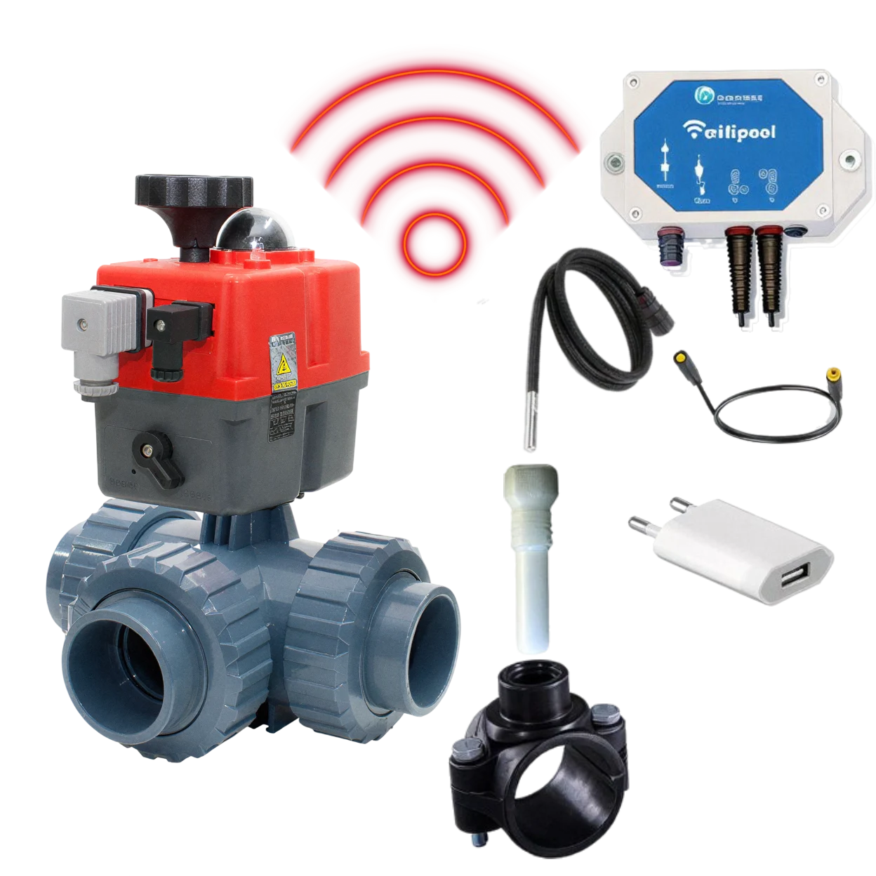 Automatisches 3-Wege-Ventil WIFI 50 mm, L-Bohrung, mit TLF-Temperaturregelmodul und Temperatursensoren (1 & 3 m) - HIDRO Plug-and-Play Selbstbausatz