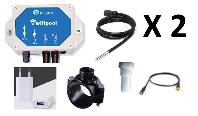 Wifipool module TLF voor controle zonneverwarming  incl temp sonde x 2 + verlengkabel temp sonde dak (2m) + aanboorzadel 50mm/ 1/2 inch + temp sondehouder + usb transfostekker 1 aansluiting