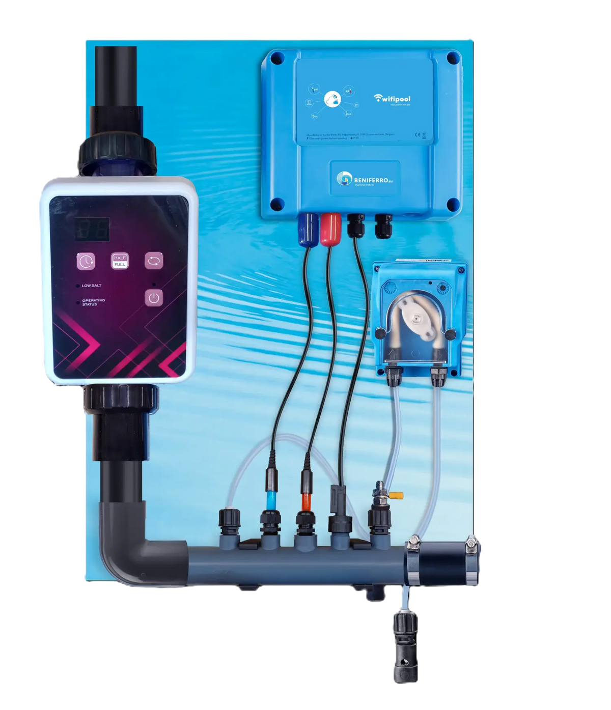 Vormontierte SR-Salzelektrolyse mit pH-, RX-regelung  – Pools bis 150m³ – WLAN | Schirm – Durchflussregelung/Füllstand optionale