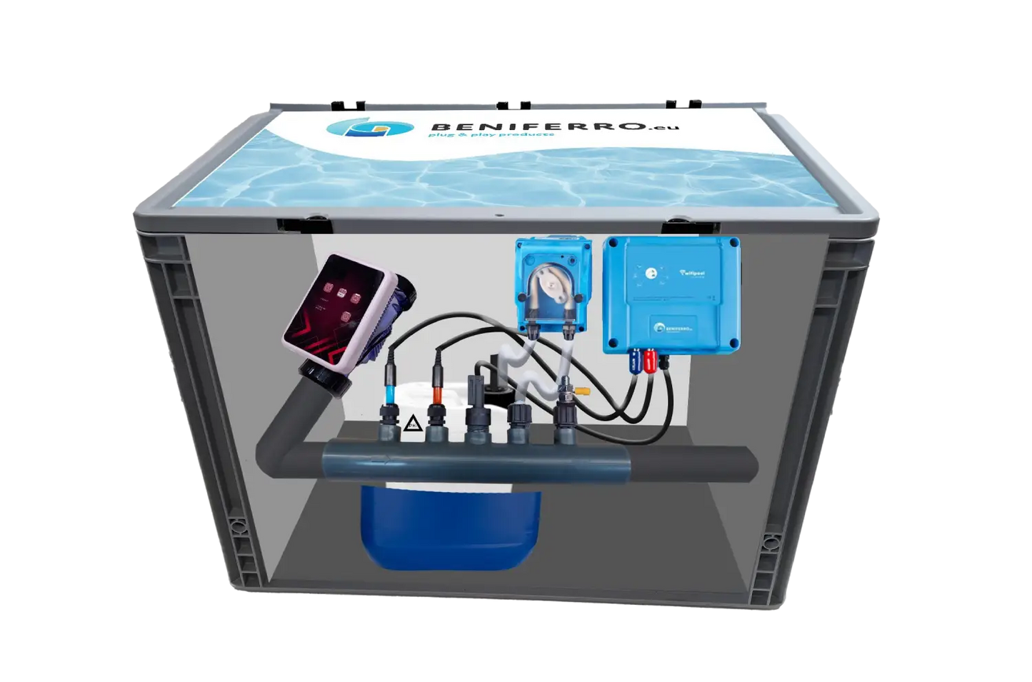 Salzelektrolyse SR montiert im Gehäuse mit pH-, RX- und Durchflussregelung – Pools bis 150m³ – WLAN | Schirm – optionale Füllstandsregelung